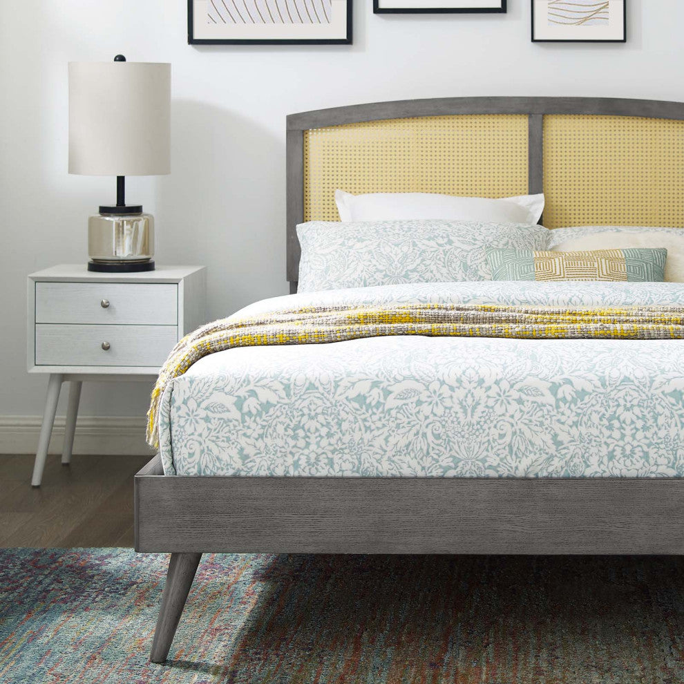 Platform Bed Frame, Full Size, Wood, Gray, Modern Mid-Century, Bedroom