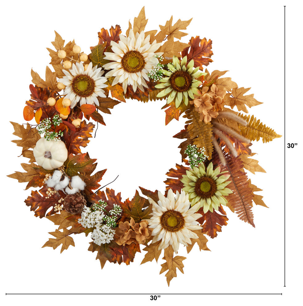 30" Autumn Sunflower, White Pumpkin and Berries Artificial Fall Wreath