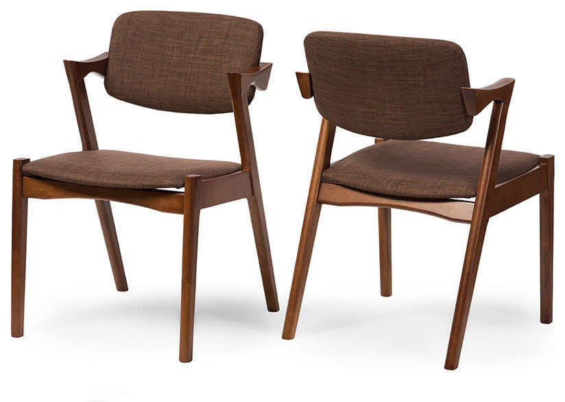 Elegant Dark Walnut Wood Brown Fabric Upholstered Dining Armchair, Set of 2