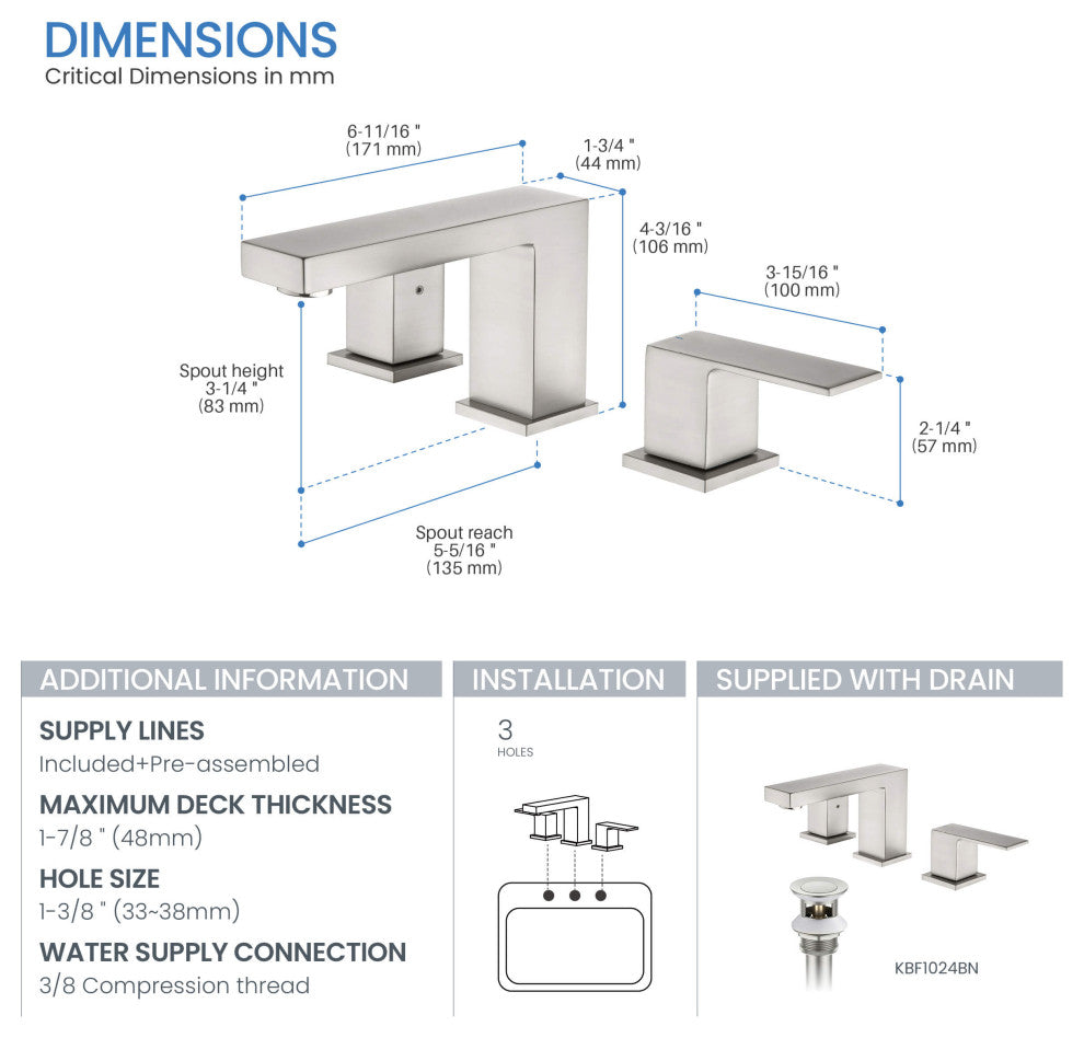 Cube 8" Widespread Bathroom Sink Faucet With Drain Assembly, Brushed Nickel