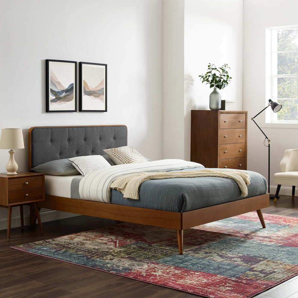 Platform Bed Frame, Queen Size, Fabric, Wood, Brown Walnut Gray, Modern