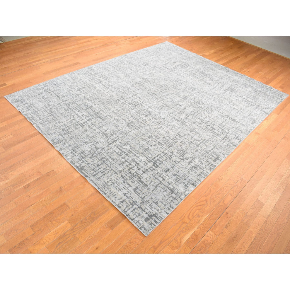 Medium Gray, THE MATRIX Design, Silk With Wool, Hand Knotted Rug, 9'2"x12'3"