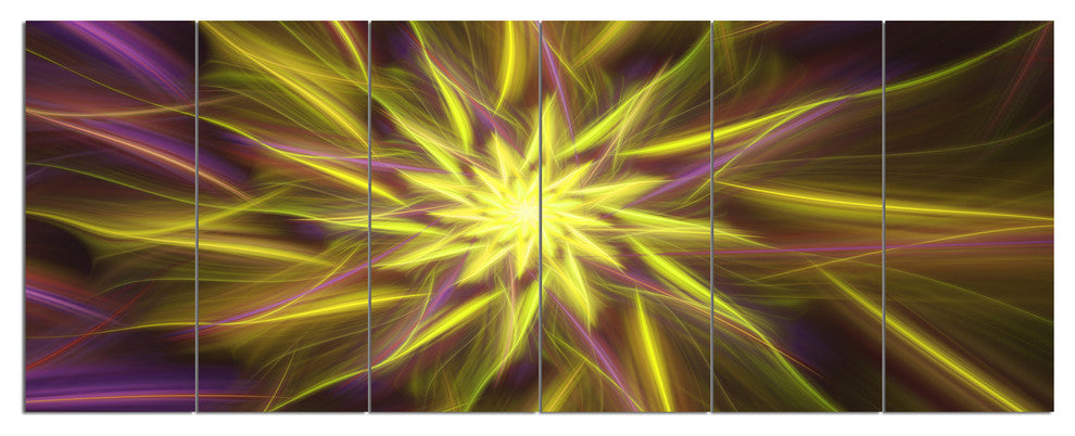 Shining Golden Exotic Fractal Flower, Floral Canvas Art Print, 70"x28", 6 Panels