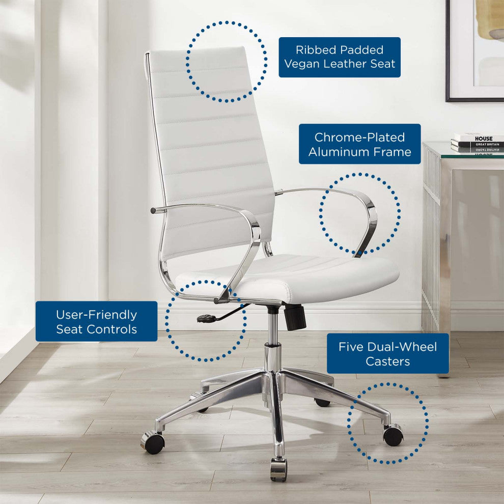 Computer Work Desk High Back Chair, Faux Leather, White, Home Business Office