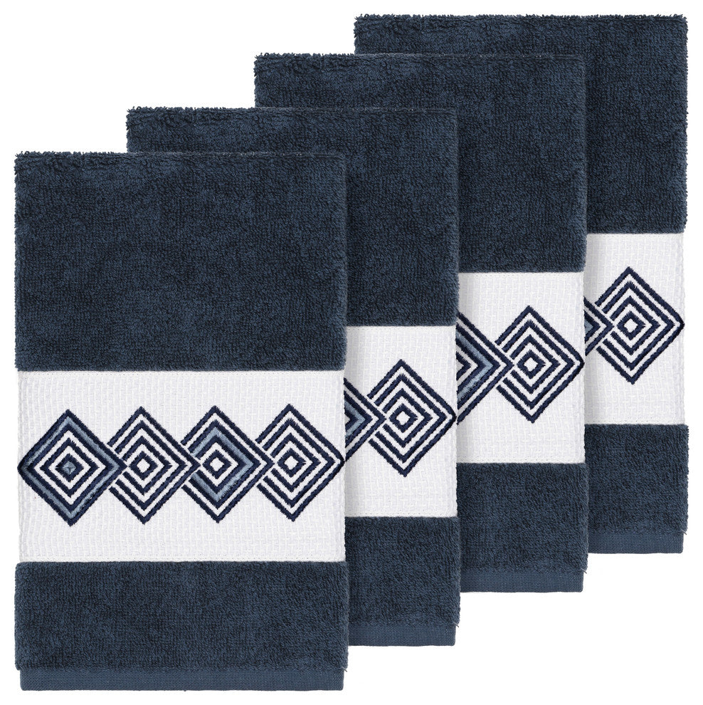 Linum Home Textiles Noah Embellished, Midnight Blue, Hand Towel, 4-Piece Set