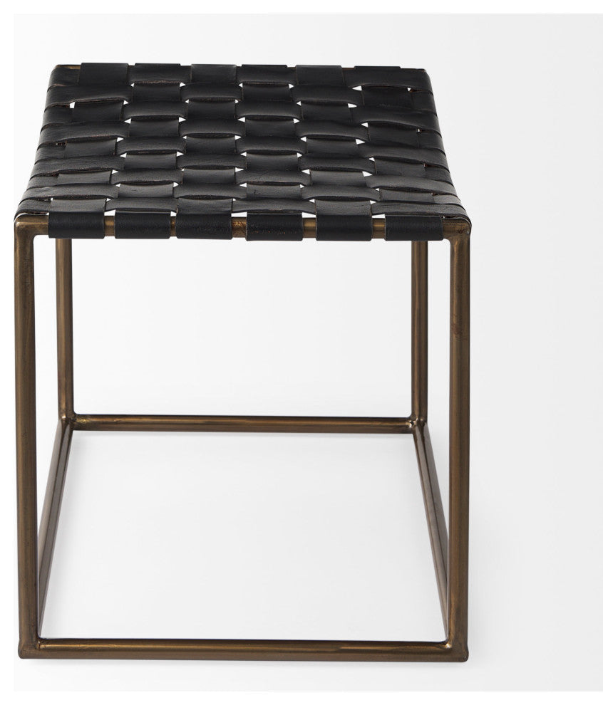 Clarissa Black Leather Woven Seat With Gold Metal Frame Stool