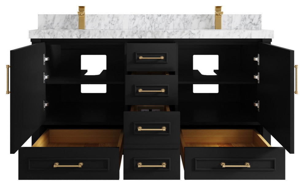 Aberdeen 60 Double Bathroom Vanity in Black 2" Carrara Marble