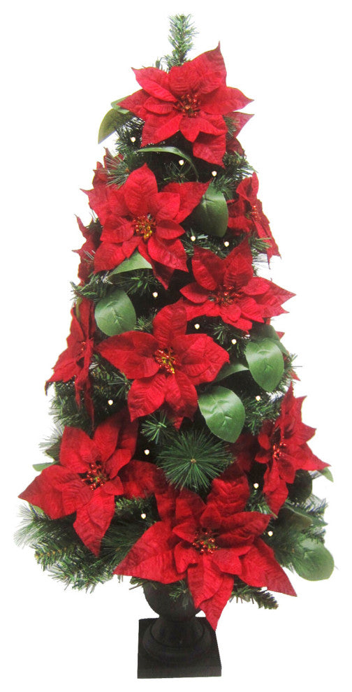 4' Pre Lit Christmas Porch Tree With Velvet Poinsettia Blooms and Leaf Accents