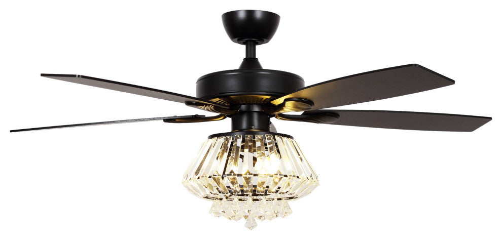 Modern Crystal Ceiling Fan With Lights and Remote Control, 5 Blades, Matte Black