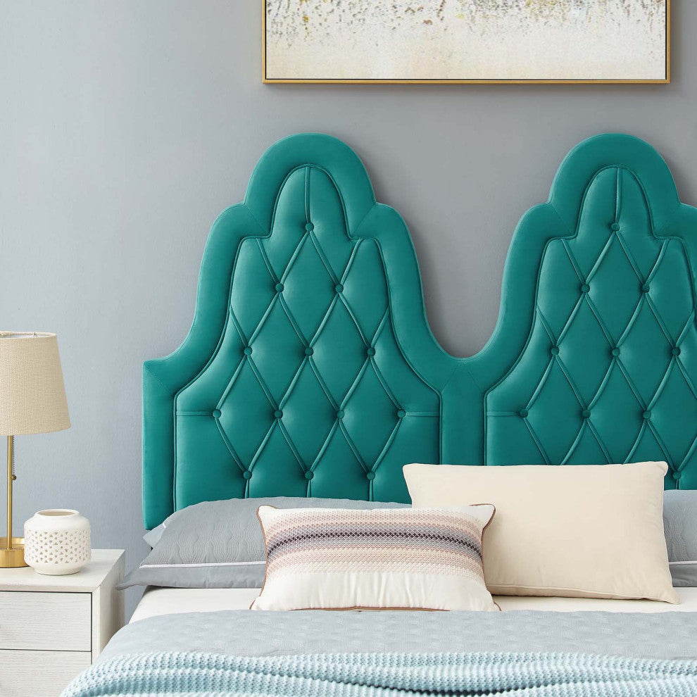 Tufted Platform Bed Frame, Twin Size, Velvet, Teal Blue, Modern Contemporary