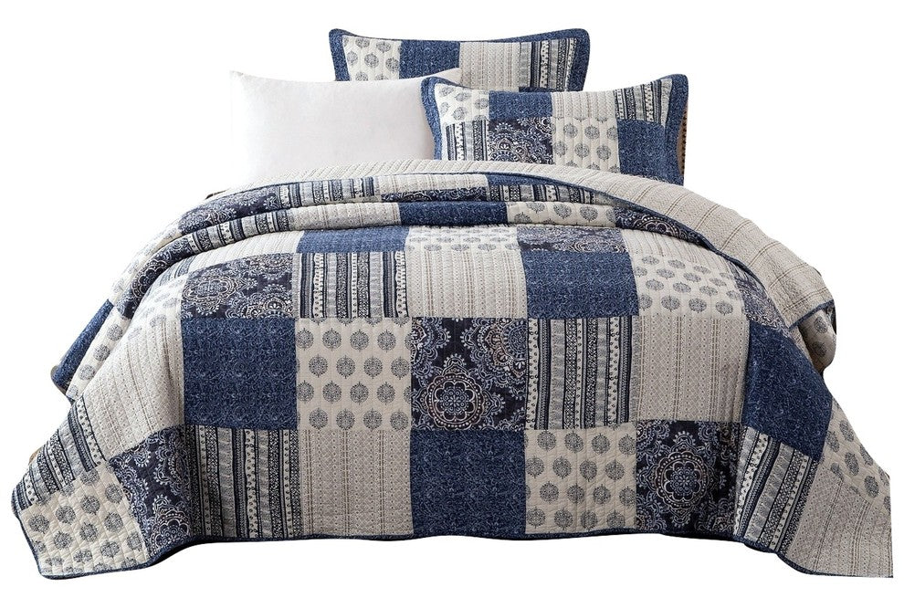 Bohemian Denim Blue Floral Elegance Patchwork Quilted Coverlet Bedspread Set, Qu
