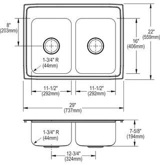 LR29225 Lustertone Classic Stainless Steel 29" x 22" Double Bowl Drop-in Sink