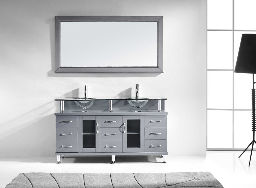 59" Double Bathroom Vanity, Gray, Clear Tempered Glass, Polished Chrome
