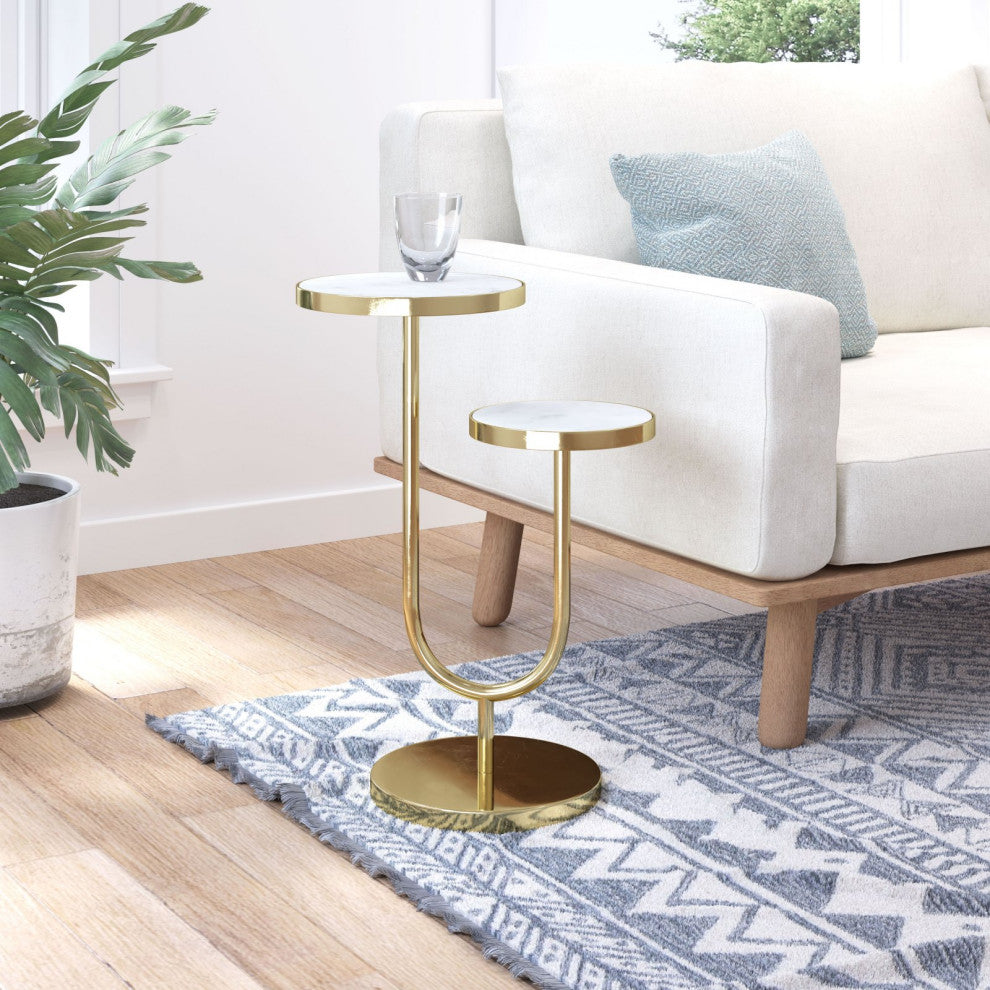 Sofa Side Table, Round, Artificial Marble, Iron Metal, White, Gold, Hospitality