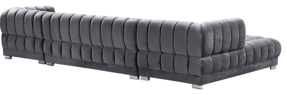 Gwen Biscuit Tufted Velvet Upholstered 3 Piece Sectional, Gray