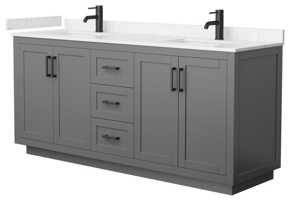 72"DBL Vanity Dark Gray, Light-Vein Carrara Cult. Marble Top, Sinks, Black Trim