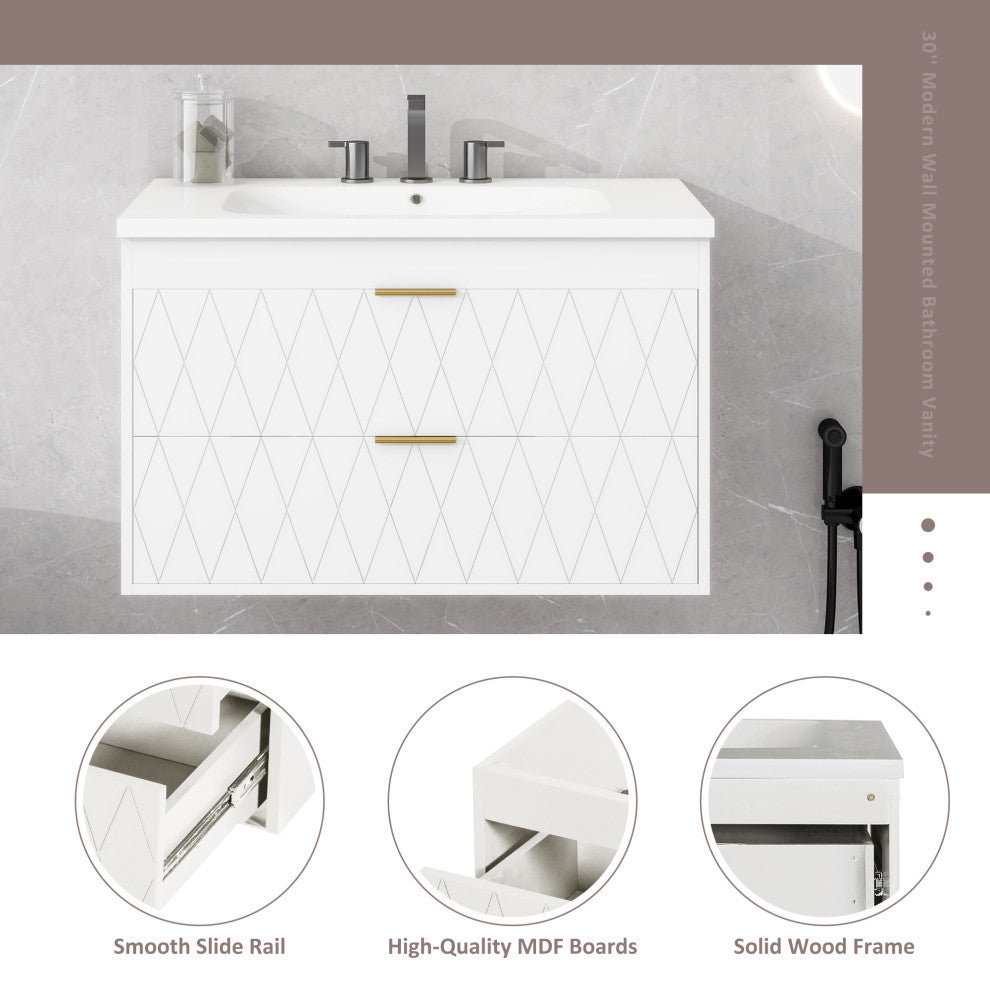 30'' Floating Bathroom Vanity with Resin Sink,Mounted Bathroom Storage Cabinet, White