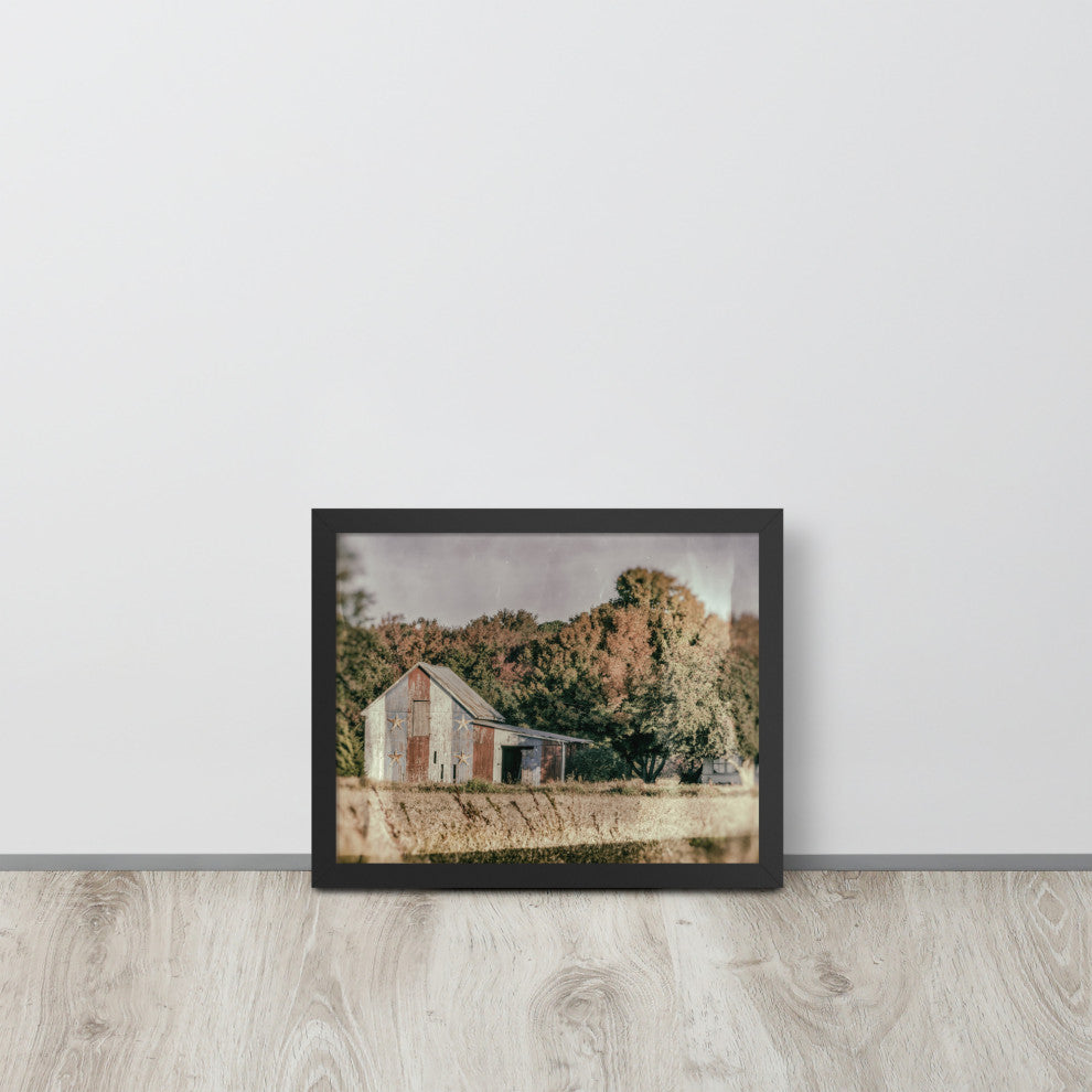 Patriotic Weathered Barn in Field Glass Plate Framed Photo Paper Wall Art Prints, Black, 11" X 14"