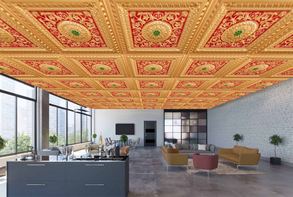 Gold-Red-Green 3D Ceiling Panels, 2'x2', 200 Sq Ft, Pack of 50