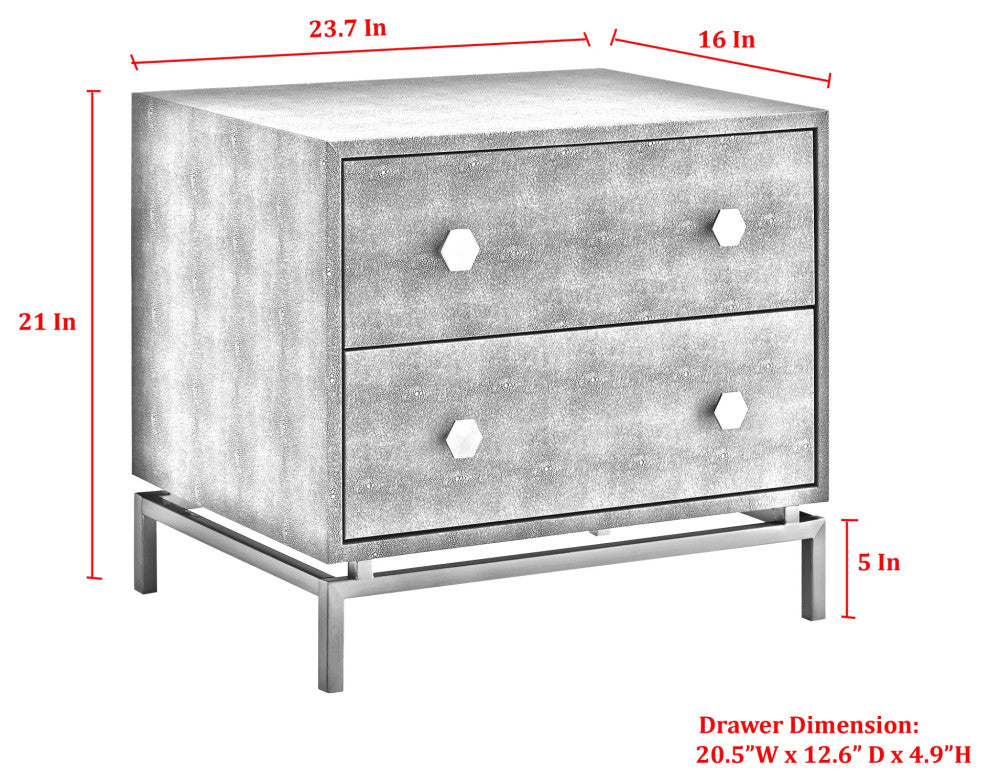 Nicole Miller Aharon Side Table, 2 Drawers, Faux Shagreen, Cream White/Gold