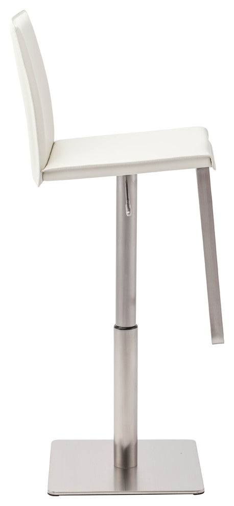 Kailee Adjustable Bar Stool, Brushed Stainless Steel, Leather, White