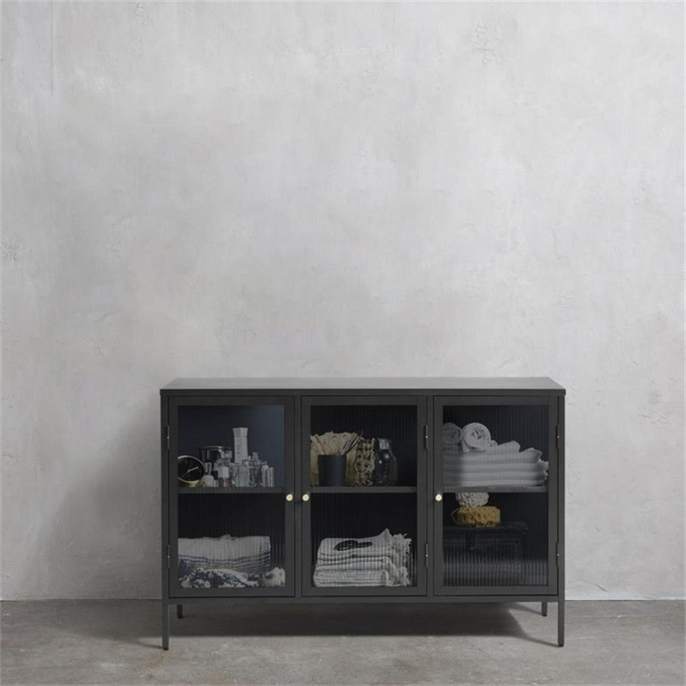 U3-Door Contemporary Glass & Metal Sideboard in Black