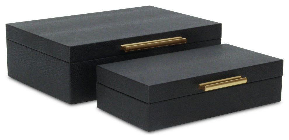Lusan Rectangular Decorative Box Set, Black Faux Snakeskin