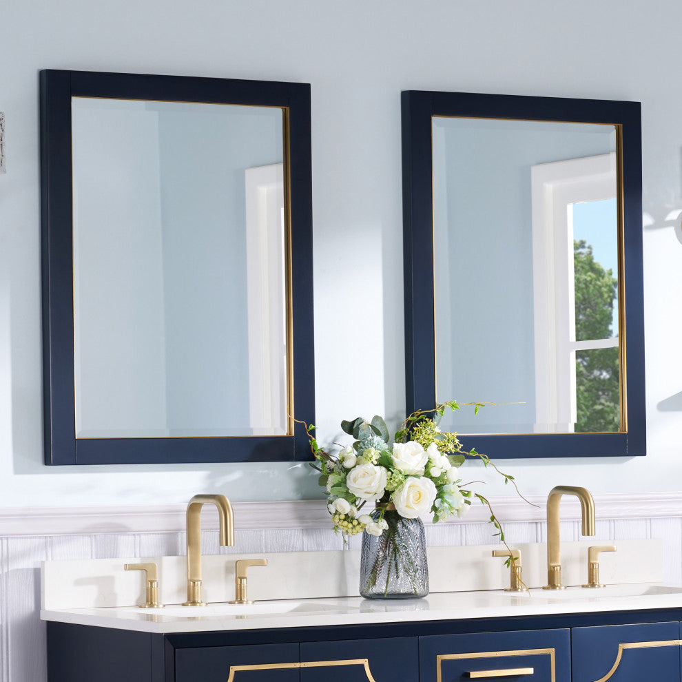 Solid Wood Beleved Edge Rectangular Framed Bathroom Wall Vanity Mirror, Navy Blue, 24"?x32"