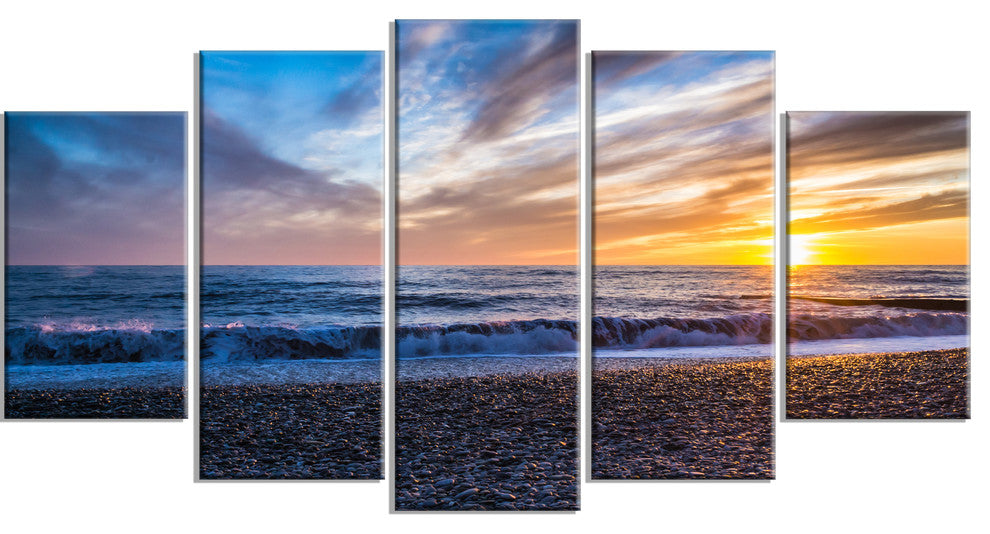 "Cloudy Sky With Bright Full Yellow Sun" Beach Wall Art, 5 Panels, 60"x32"