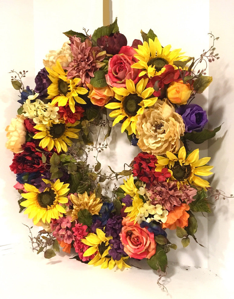 Fall Sunflower Wreath All Season Peony Hydrangea Rose Rust Gold Orange Purple