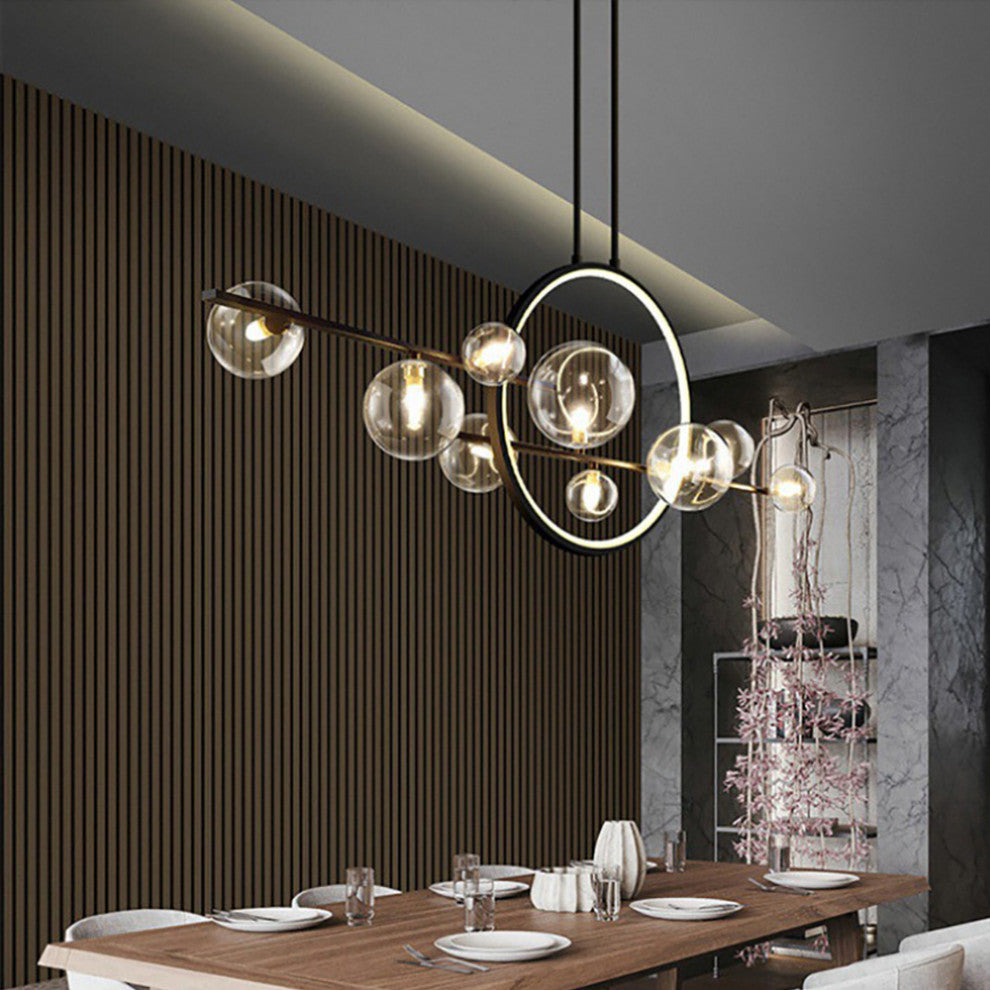Bubi Modern Kitcehn Island Light for Dining Room with Glass Globe Shade, Black, 10-Light