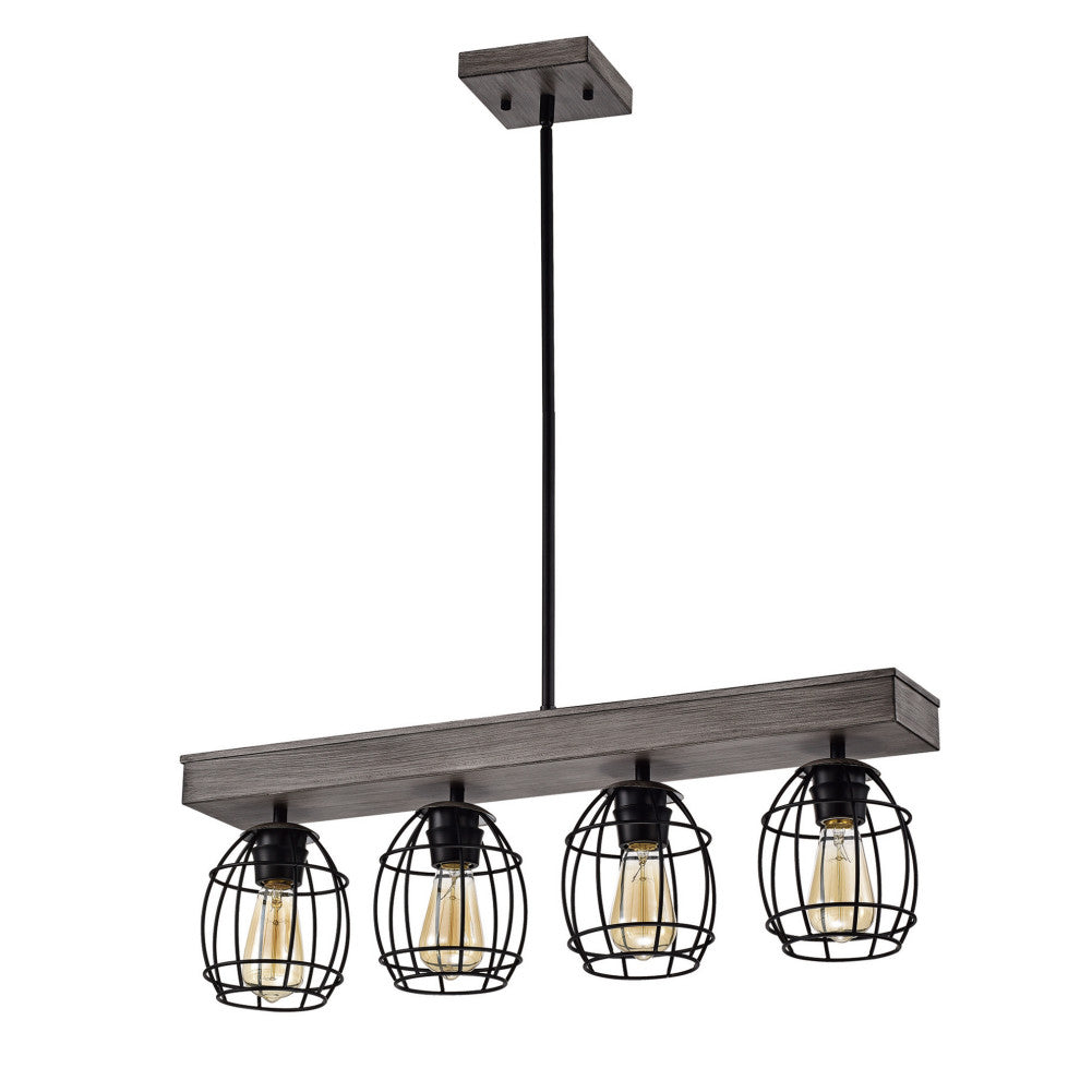 4-Light Wood and Black Cage Linear Pendant