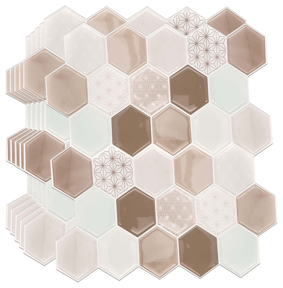 12"x6" Honey Hexa Brown Glossy 3D Tile Stickers, Set of 12