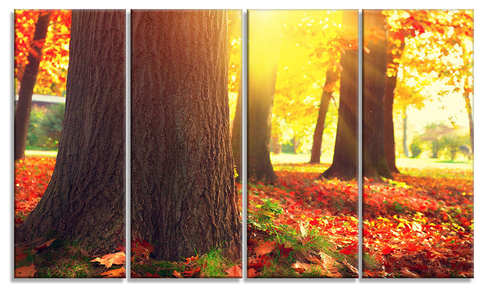 Autumn Trees in the Sunlight, Large Landscape Canvas Art, 48"x28", 4 Panels