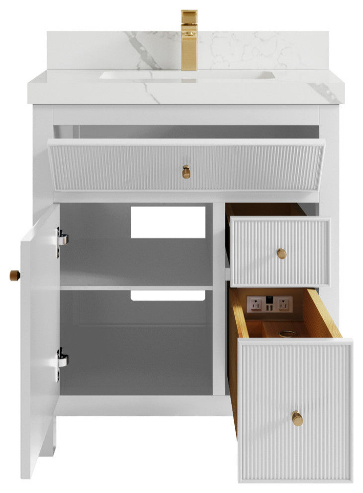 Sonoma 30 Single Sink Reeded Bath Vanity in White 2" Calacatta Laza