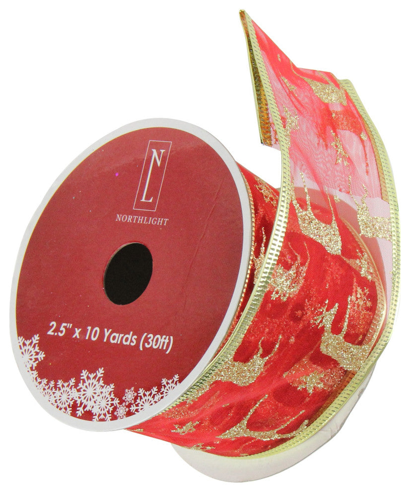 Red and Gold Reindeer Wired Christmas Craft Ribbon