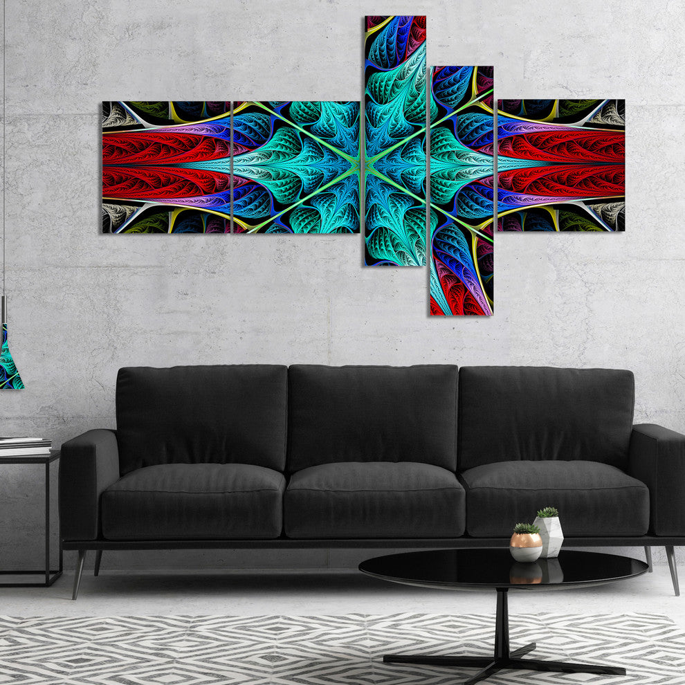 Glowing Fractal Flower Layers, Abstract Canvas Art Print, 60"x32", 5 panels