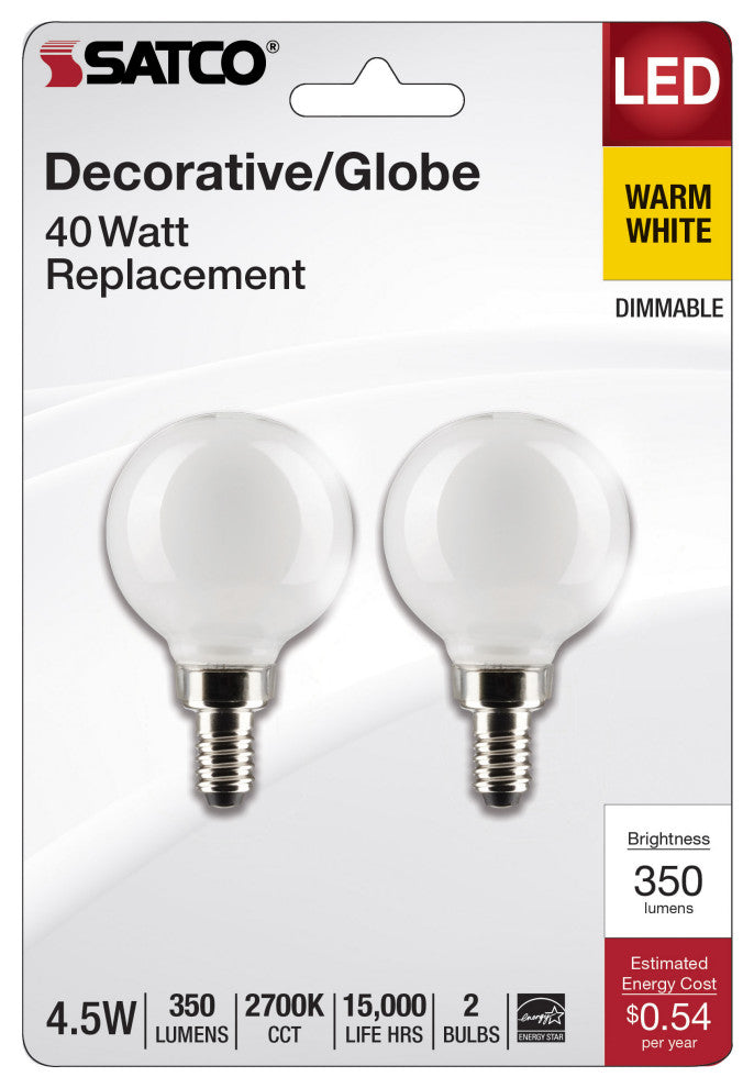 4.5W G16.5 LED, White, Candelabra Base, 2700K, 350 Lumens, 120V, 2-Pack