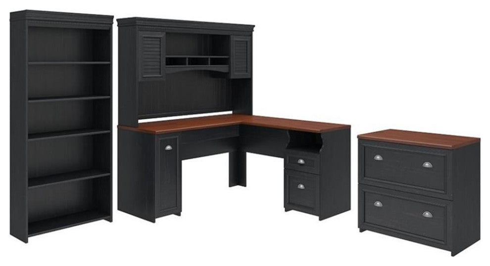 Fairview L Shaped Desk 4 Pc Set with Storage in Antique Black - Engine