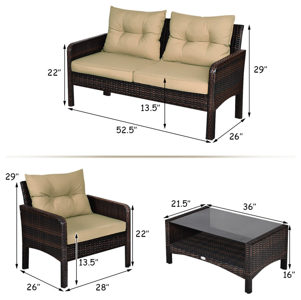 Costway 4PCS Patio Rattan Furniture Set Loveseat Coffee Table Garden Cushioned
