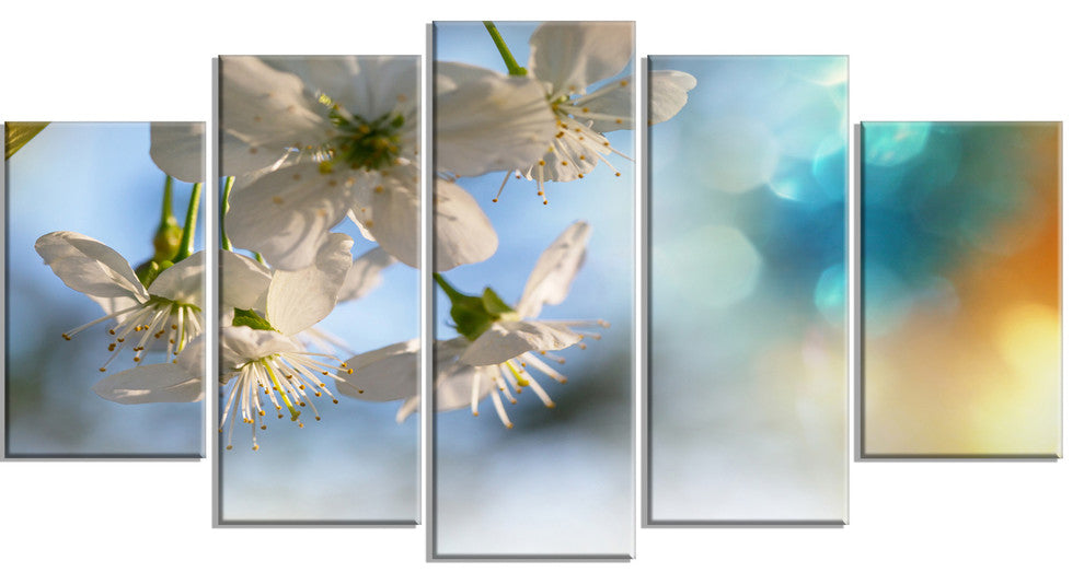 White Blossoming Cherry Tree, Floral Canvas Art Print, 60"x32", 5 Panels