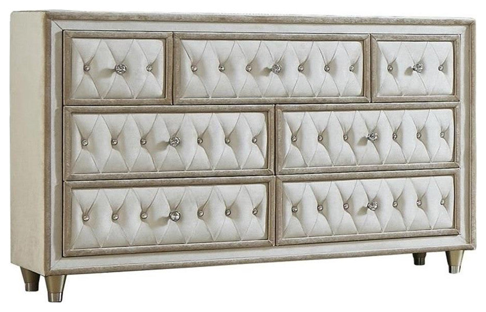 Coaster Antonella 7-Drawer Upholstered Velvet Dresser in Ivory and Camel