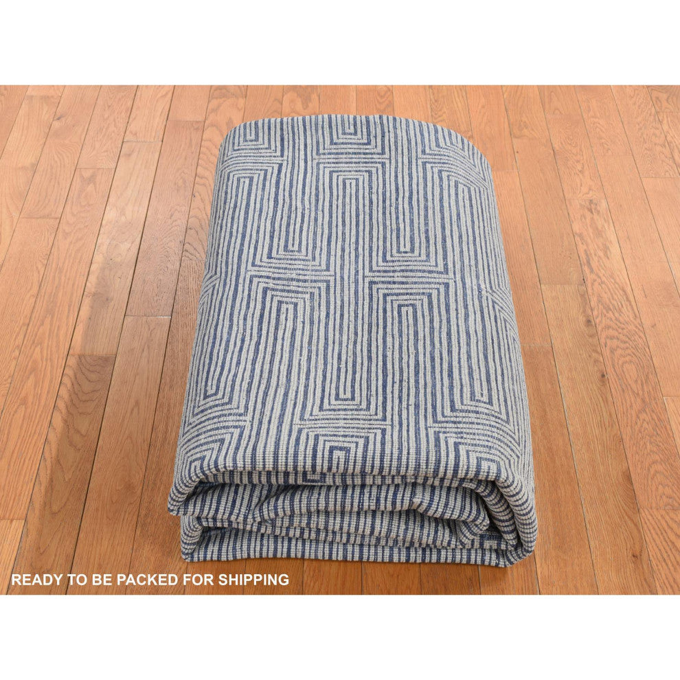 Blue, Silk With Wool, Maze Design, Hand Knotted Rug, 8'x10'