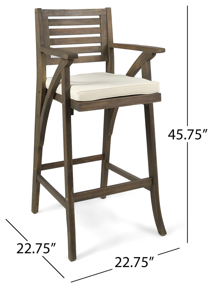 GDF Studio Hermosa Outdoor Acacia Barstool, Gray With Cream Cushion, Set of 4