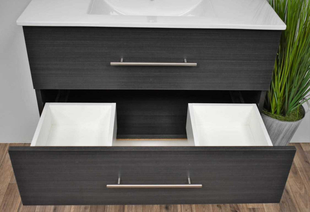 Napa 30" Modern Floating Bathroom Vanity With Ceramic Top and Round Handles, Black Ash