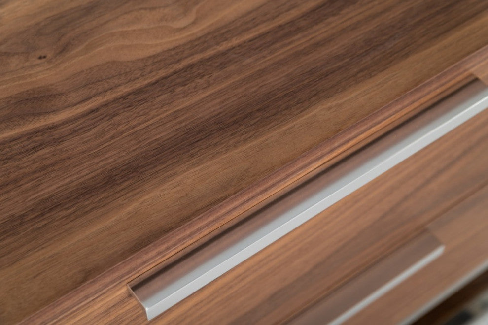 Contemporary Walnut and Stainless Steel Nightstand With Two Drawers