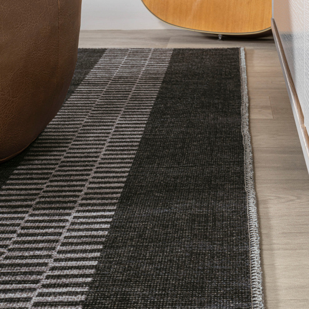 Vichy Geometric Striped Machine-Washable Area Rug, Black/Ivory, 2x8