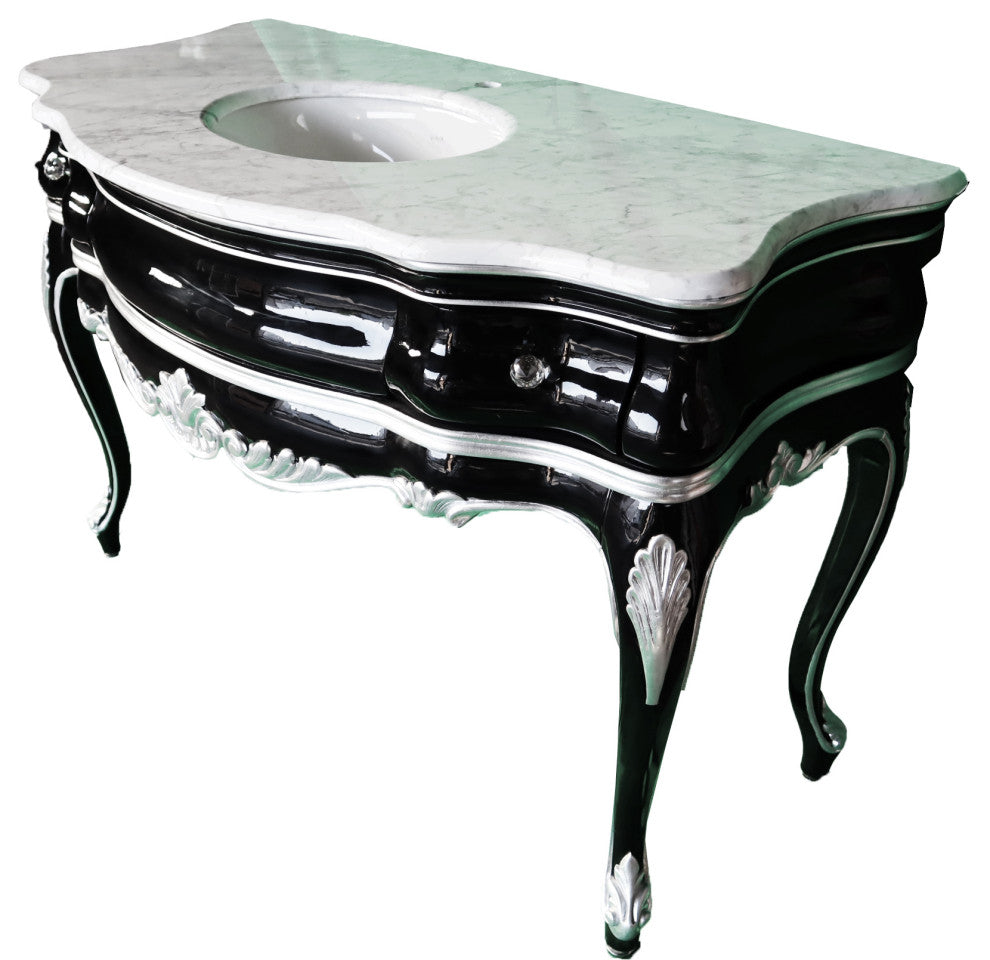 Handmade 48'' Single Bath Vanity, Italian Marble Top, Solid Wood, Mirror, Black