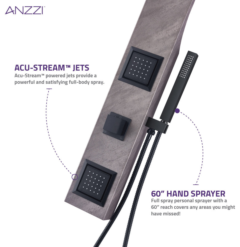 Aura 2-Jetted Shower Panel With Heavy Rain Shower and Spray Wand, Gray Marble