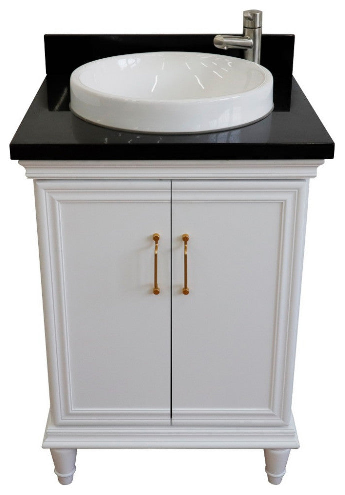 25" Single Vanity, White Finish With Black Galaxy And Round Sink